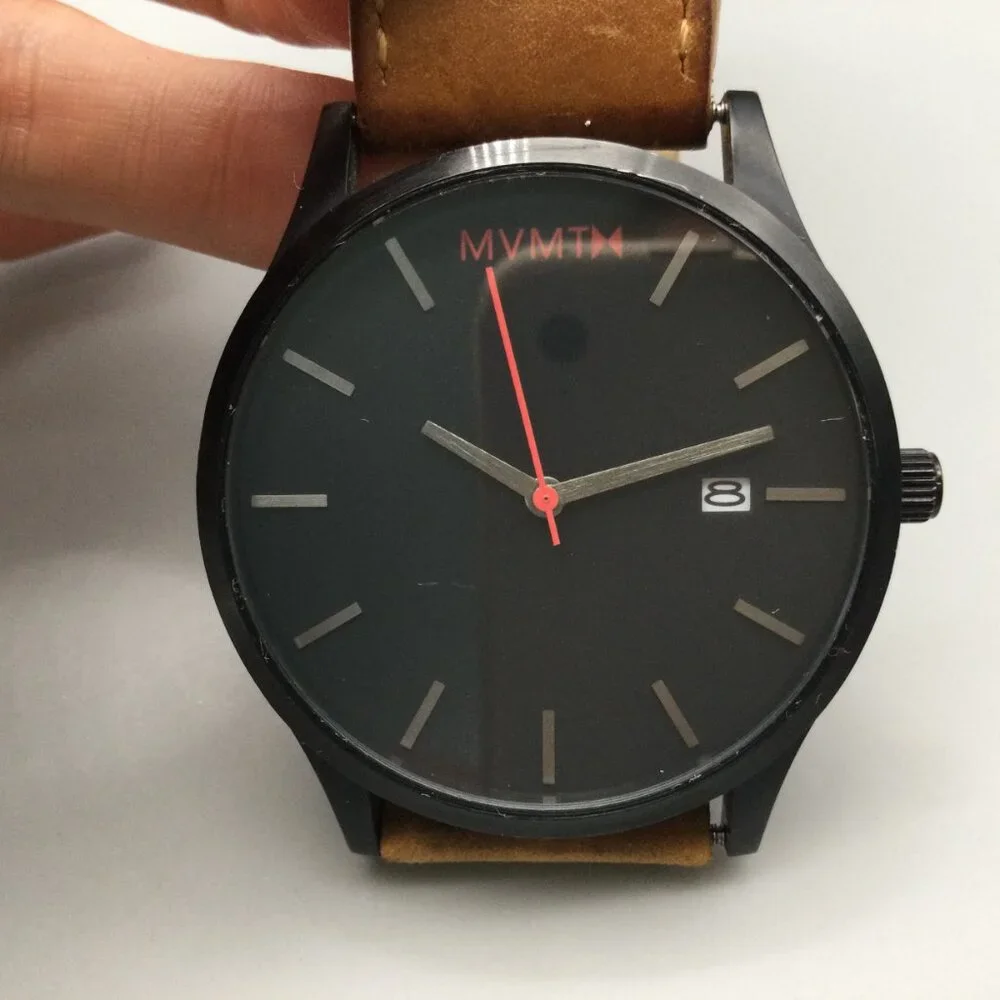 MVMT Classic Watch Men 45mm Black Date Brown Leather Band New Battery